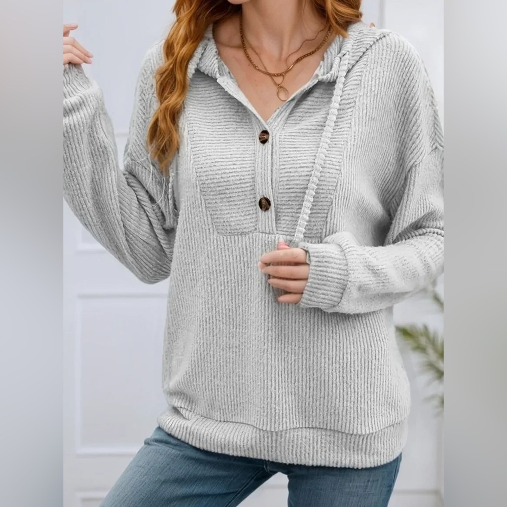 Button-Front Drawstring Hoodie - Picture 10 of 12